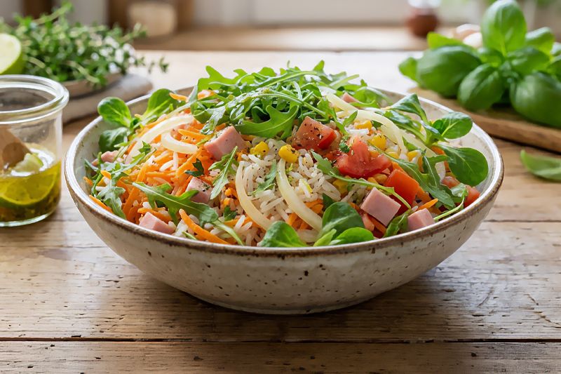 Bold de ensalada de arroz con tomate, cebolla dulce Consuay, zanahoria, rúcula, jamón cocido sobre una mesa de madera y los condimentos alrededor.