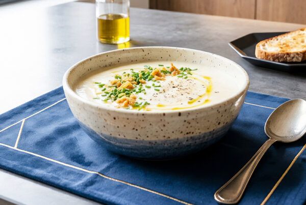 Bol de crema fría de cebolla y queso con cebollino picado de decoración sobre un mantel individual azul, especial para esos días calurosos.