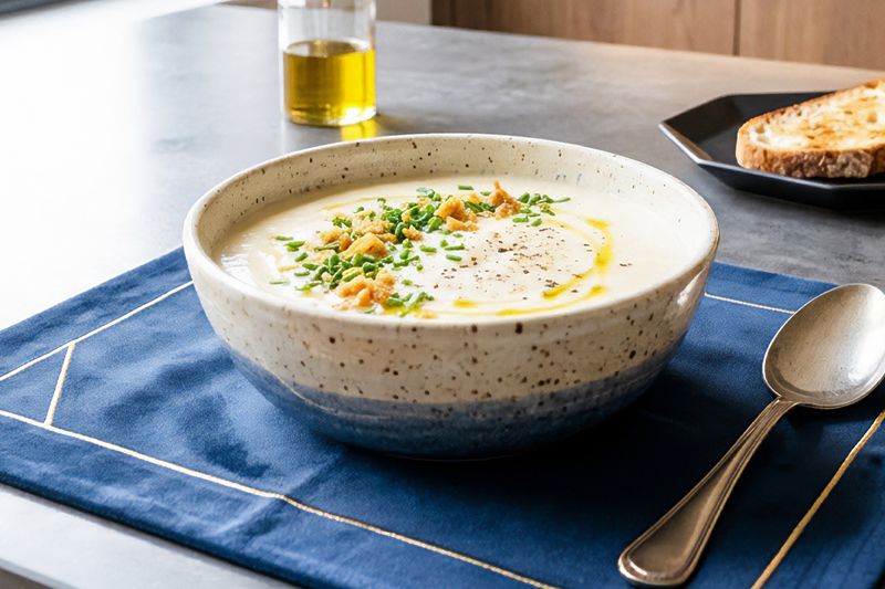 Bol de crema fría de cebolla y queso con cebollino picado de decoración sobre un mantel individual azul, especial para esos días calurosos.