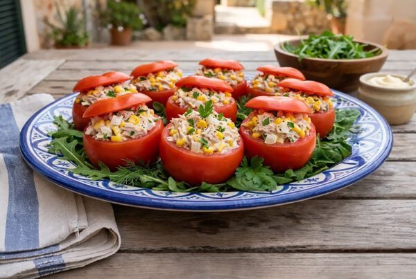Fuente decorada en azul y blanco llena de tomates rellenos de atún, cebolla dulce Consuay, mayonesa, maíz dulce y huevo duro picado, sobre una mesa de madera en un patio valenciano lleno de plantas.