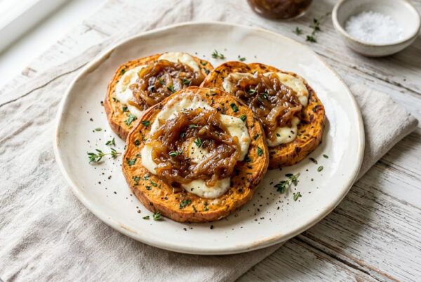 Presentación de rodajas de boniato con queso y cebolla caramelizada en un plato sobre un mantel individual en una mesa de madera pintada a la tiza