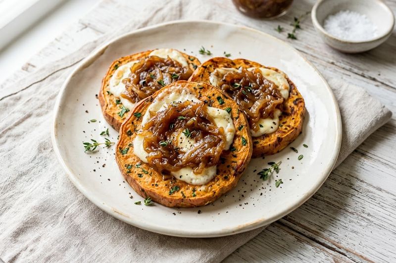 Presentación de rodajas de boniato con queso y cebolla caramelizada en un plato sobre un mantel individual en una mesa de madera pintada a la tiza