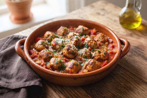 Cazuela de barro con guiso de albóndigas de pavo con salsa de tomate y cebolla dulce, reposando sobre una mesa de madera cerca de la ventana por donde entra el sol de otoño.